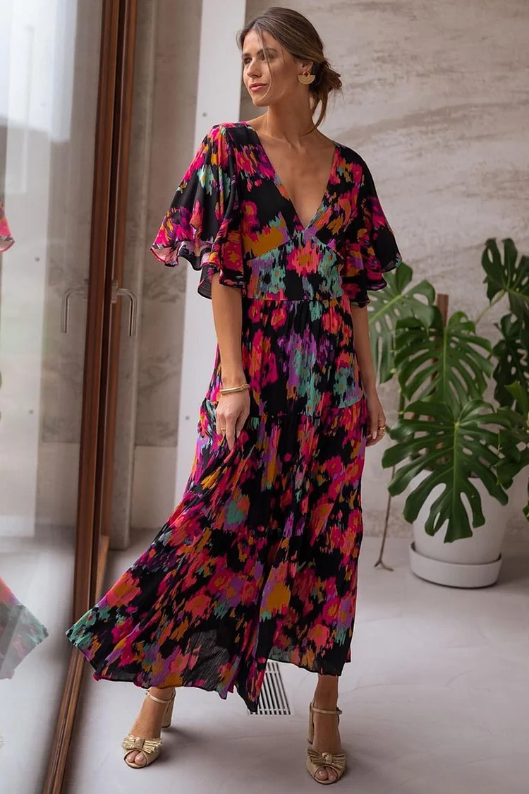 Deep V Neck Flared Ruffle Sleeve Backless Floral Print Vacation Maxi Dress