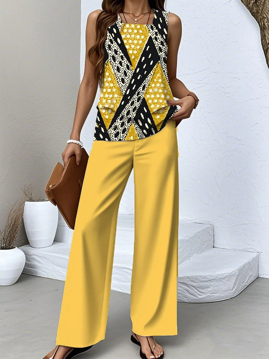 Women's Sleeveless Square Collar Graphic Printed Casual Set
