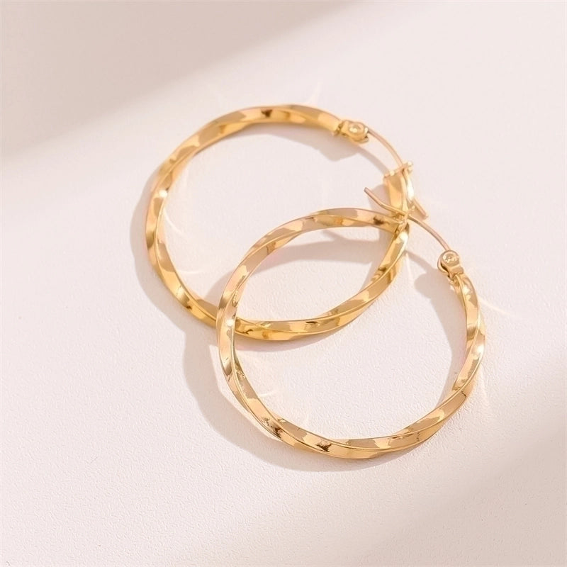 2 Pieces Retro Minimalist Round Waves Plating 201 Stainless Steel 18K Gold Plated Hoop Earrings