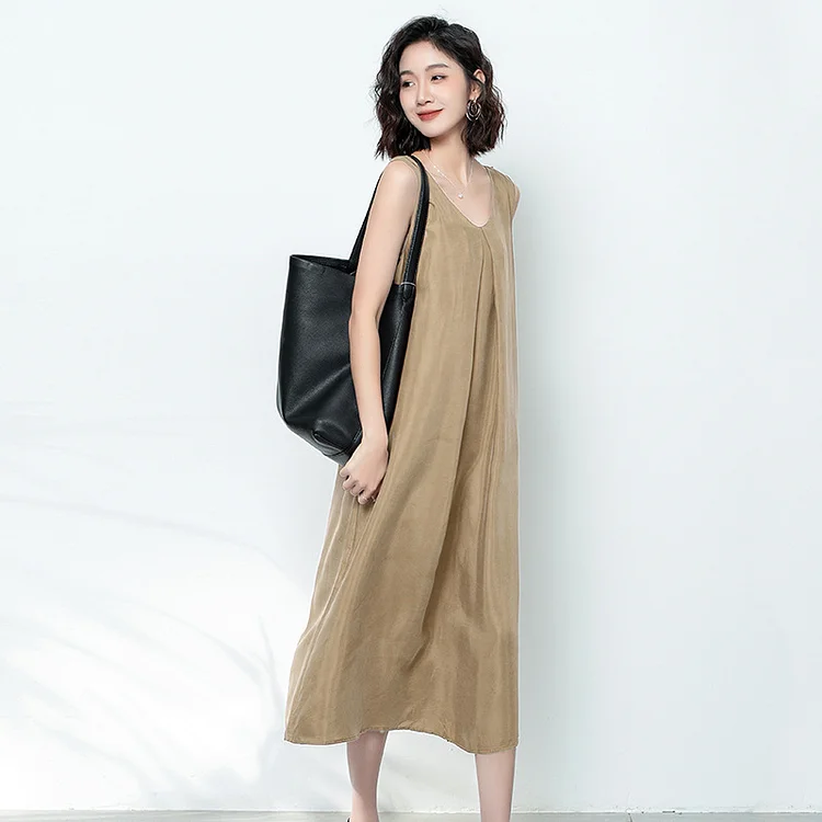 Casual Solid Color Sling Sleeveless Midi Dress