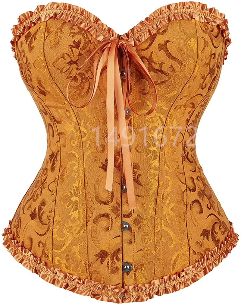 Billionm Corset Top Bustier Yellow Sexy Women's Plus Size Overbust Corselet Blouse Lace up Floral Gothic Brocade Vintage Fashion Medieval