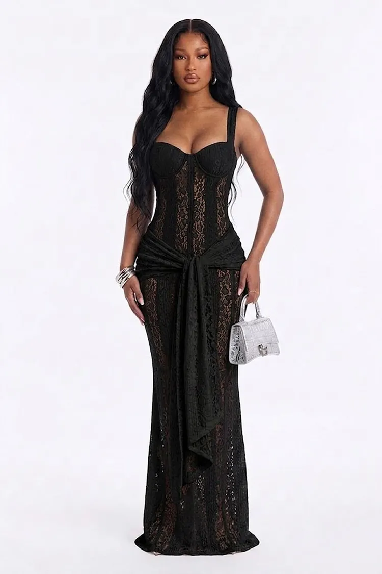 sleeveless guipure lace maxi dress Square Neck Sleeveless Guipure Lace Sash Slim Fit Gowns Maxi Dresses-White