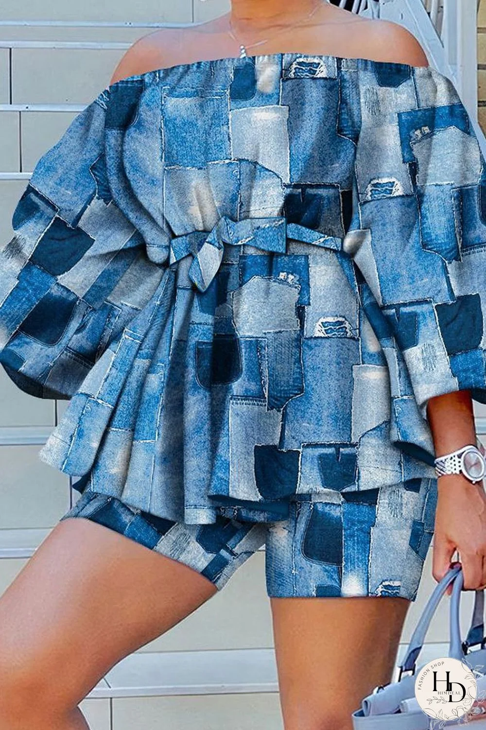 Yellow Casual Print Patchwork Off the Shoulder Long Sleeve Two Pieces