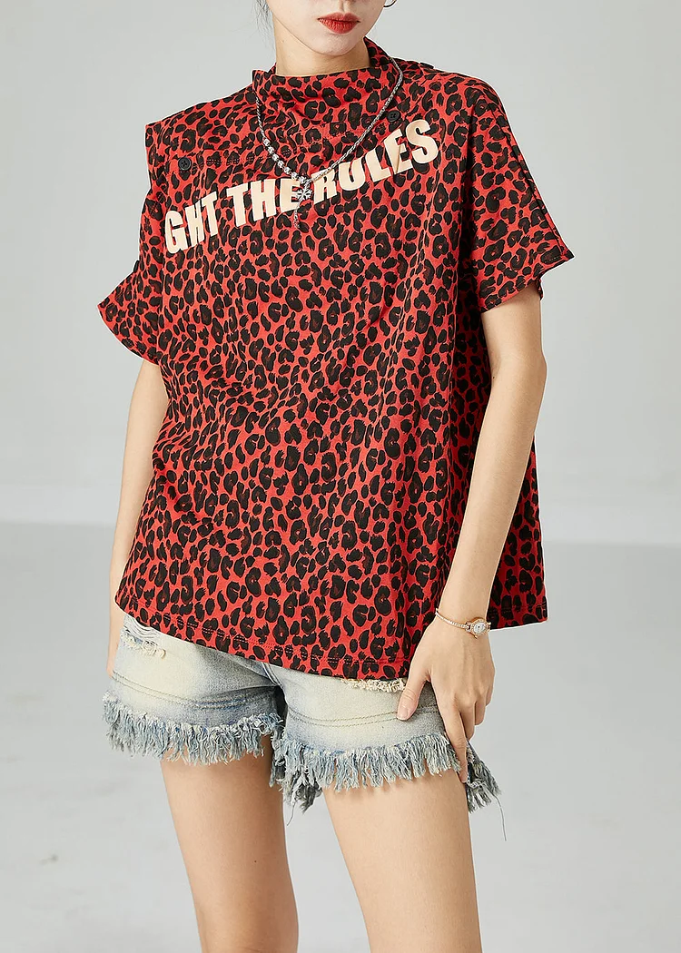 5.6Red Leopard Print Cotton Tanks Stand Collar Cold Shoulder Summer