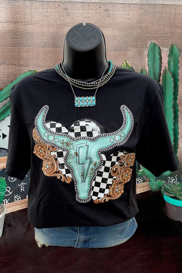 Turquoise Bullhead Check T-Shirt