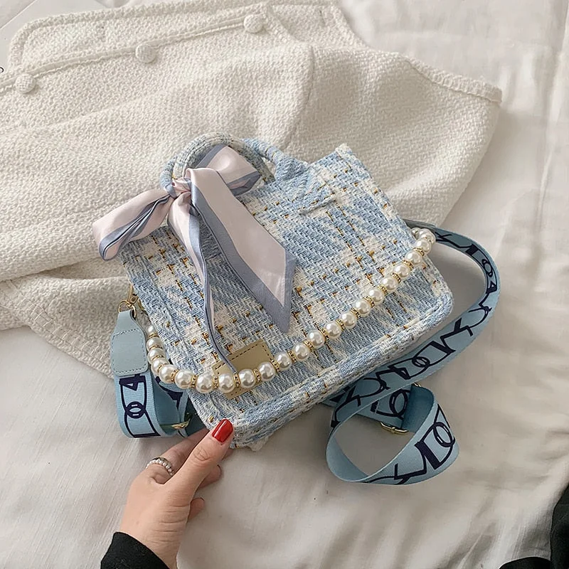 Luxury brand Ribbon Pearl Tote bag 2021 New Woolen cloth Women's Designer Handbag Wide Shoulder strap Shoulder Messenger Bag