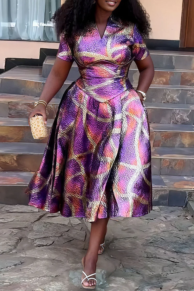 Plus Size Cocktail Party Pink V Neck Short Sleeve Pocket Elegant Jacquard Midi Dresses [Pre-Order] 2024 - Xpluswear
