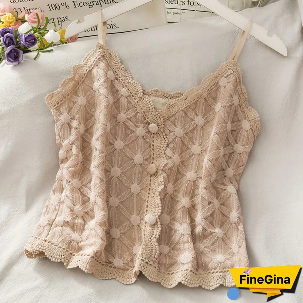 Korean Sling Camisoles Women Clothes Hollow Lace Stitching Dot Print Crop Tops Button Stitching Skinny Tank Top Female Camis