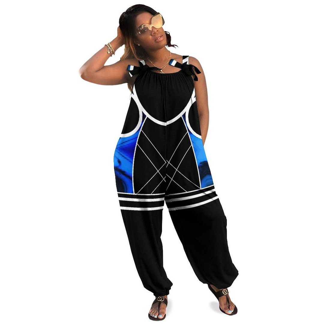 Add Text Sporty Geometric Blue Black Jade Marble Boho Vintage Loose Overall Corset Jumpsuit Without Top