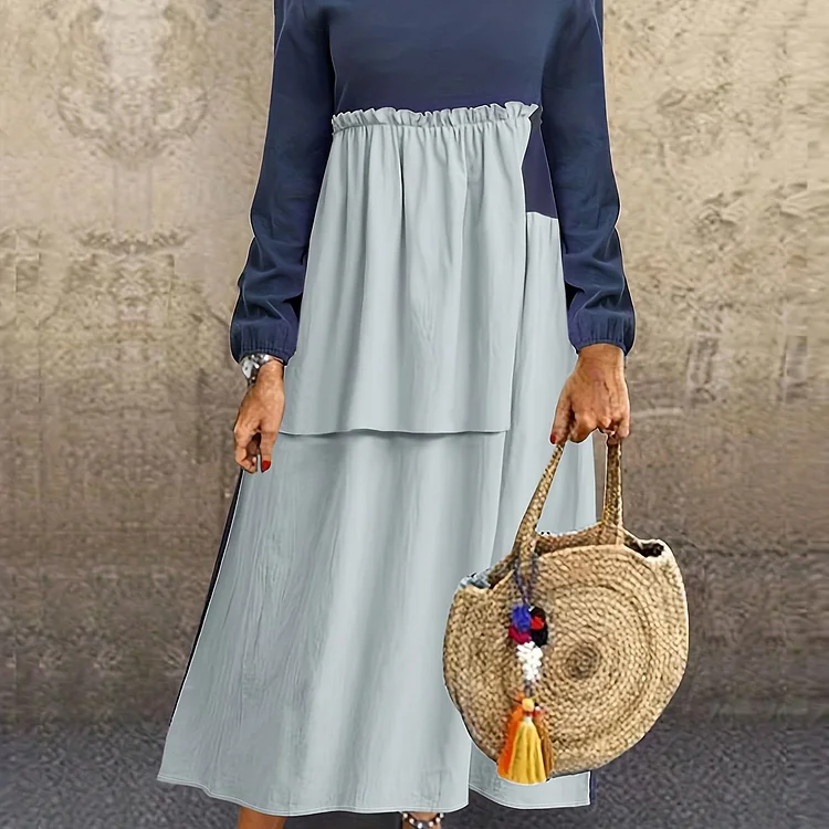 Color Block Asymmetrical Dress, Casual Crew Neck Long Sleeve Dress, Women's Clothing