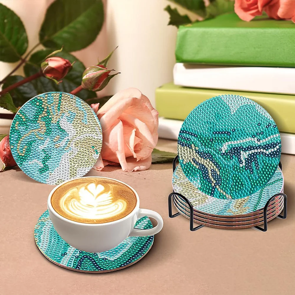 8pcs DIY Green Beach View Wooden Single Sided Diamond Painting Art Coasters Kits with Holder