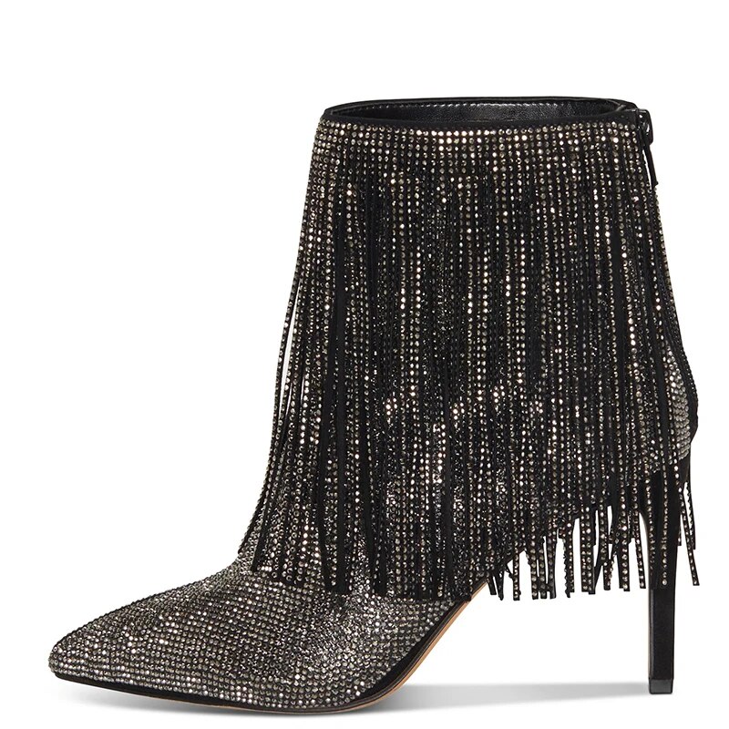 TAAFO Crystal Fringe High Thin Heels Ankle Boots Woman Pointed Toe Zipper Booties Ladies Party Shoes