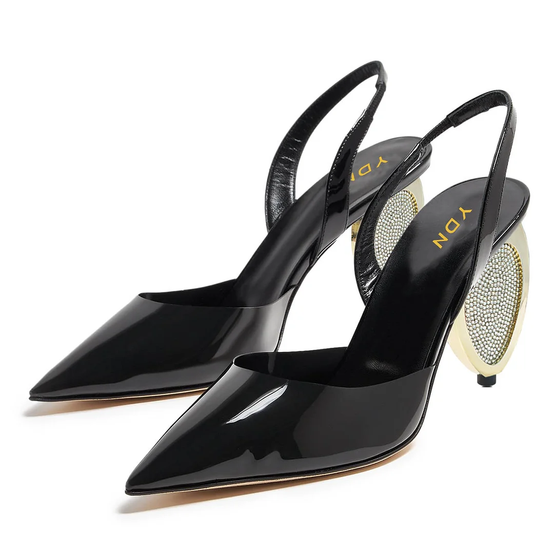 Patent Leather Decorative Heel Pointed Toe Slingback Pumps in Black