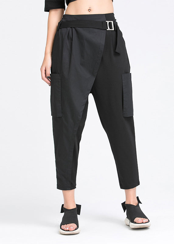 VCSHOES Loose Black Pockets Patchwork Elastic Waist Crop Pants Fall