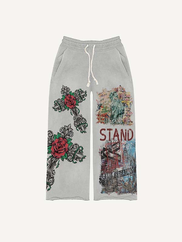 Statue Of Liberty&Cross&Floral&Letter&Graphic Print Elastic Waist Pants