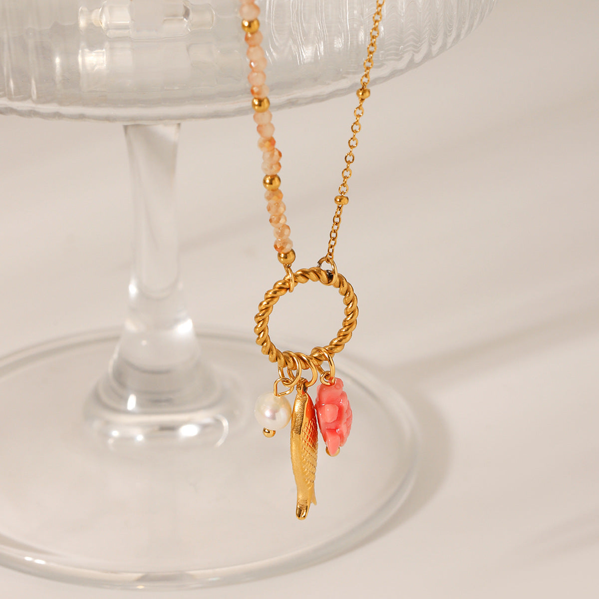 Summer Ocean Style Titanium Steel Necklace Niche Design Turtle Pearl Goldfish Pendant Stainless Steel Clavicle Chain