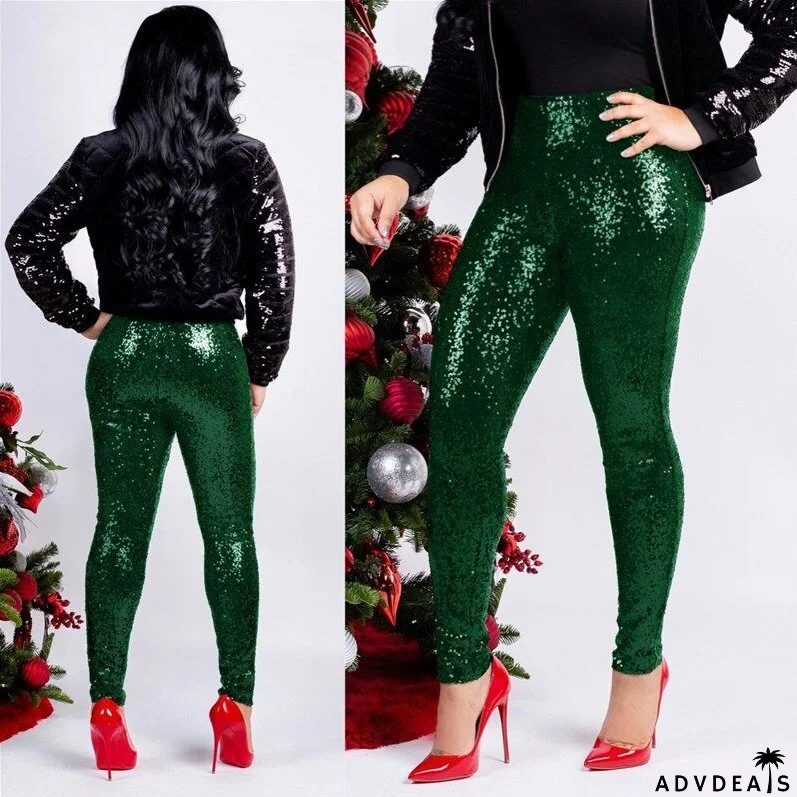 Rose Gold Sequin Slim Shiny Skinny Pencil Pants