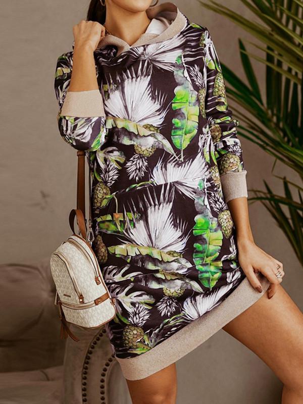 Women Long Sleeve Hooded Floral Printed Graphic Top