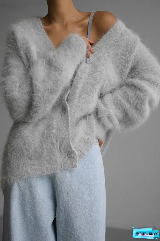 Solid Color Loose V-neck Long-sleeved Lazy Knitted Cardigan