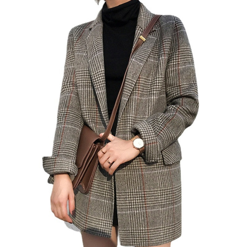 LANFUBEISI Women Check Blazers Fashion Single Breasted Coat Lady Vintage Long Sleeve Pockets Female Outerwear Chic Jackets Autumn LANFUBEISI