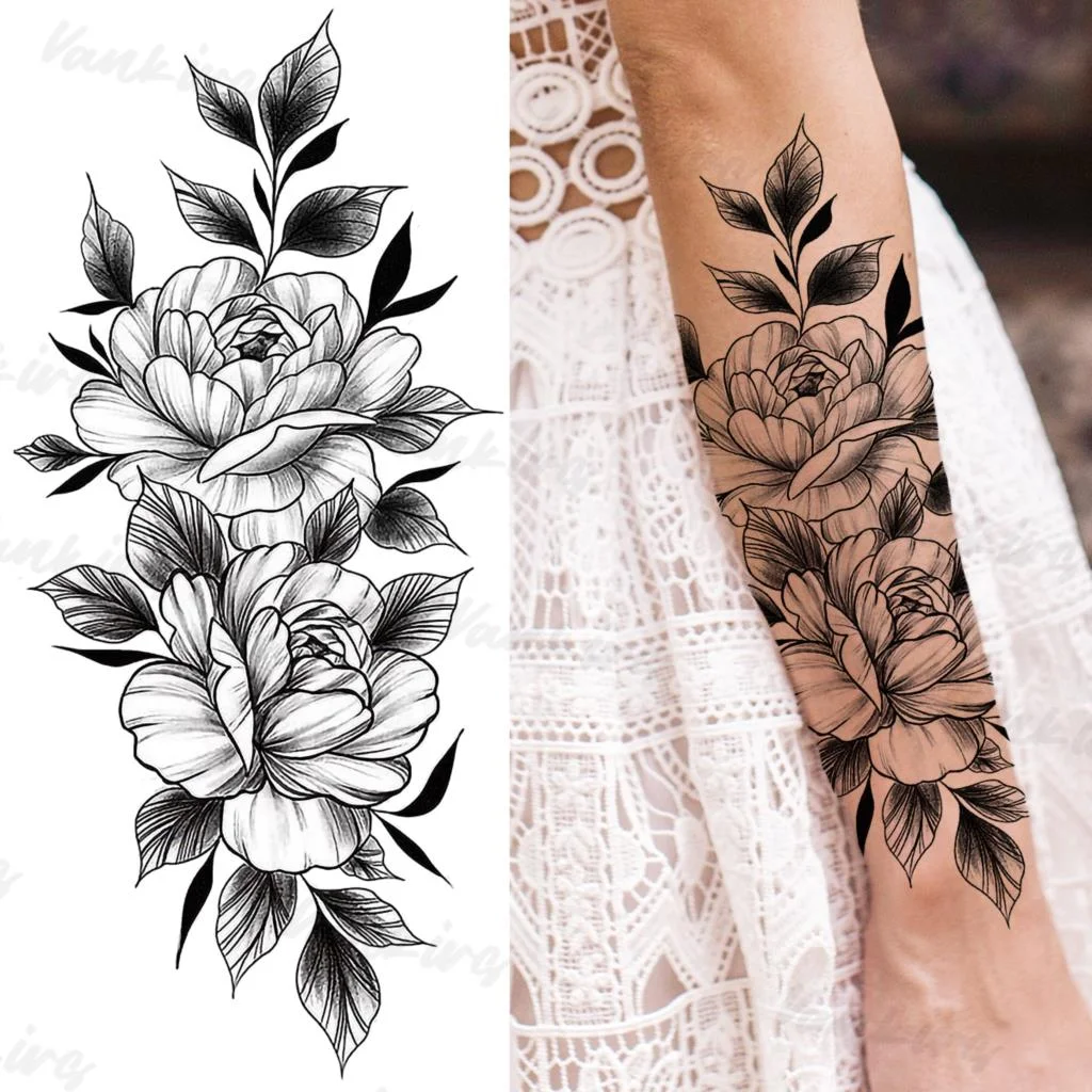 Sdrawing Peony Temporary Tattoos For Women Girls Realistic Anchor Butterfly Flower Fake Tattoo Sticker Sexy Body Arm Tatoos DIY
