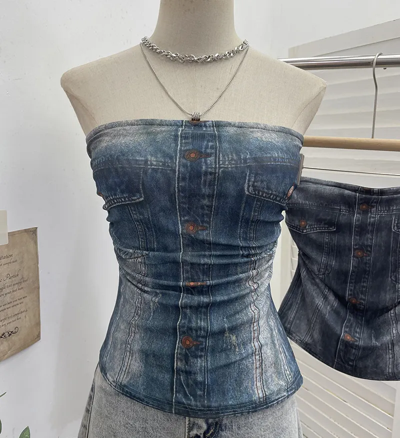 Nigikala Nigikala Shooting Denimed Tie-Dye Printing Mesh Yarn Tectar Tset With Chest Cushion Anti-Slip Vest Short Top 1255