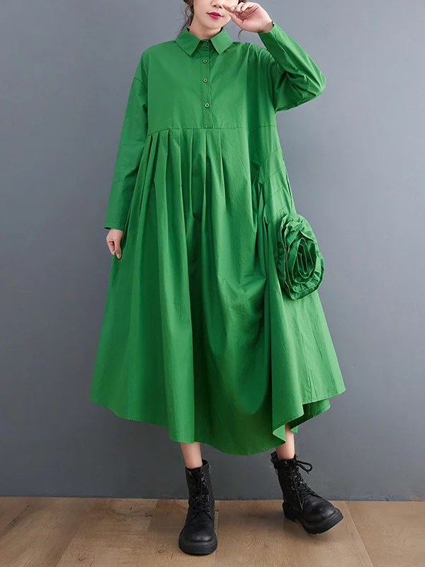 Urban Floral Applique Pleated Long Sleeves Shirt Dress Midi Dress