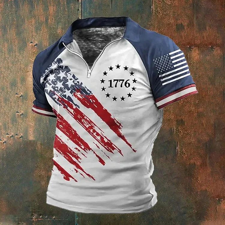 Independence Day American Flag Print Men's Zip Polo Shirt