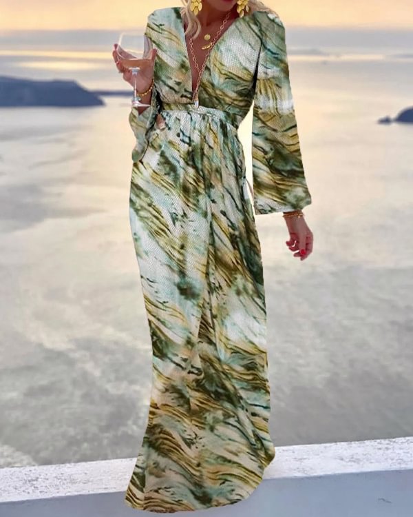 Casual Beach Print Long Sleeve Maxi Dress