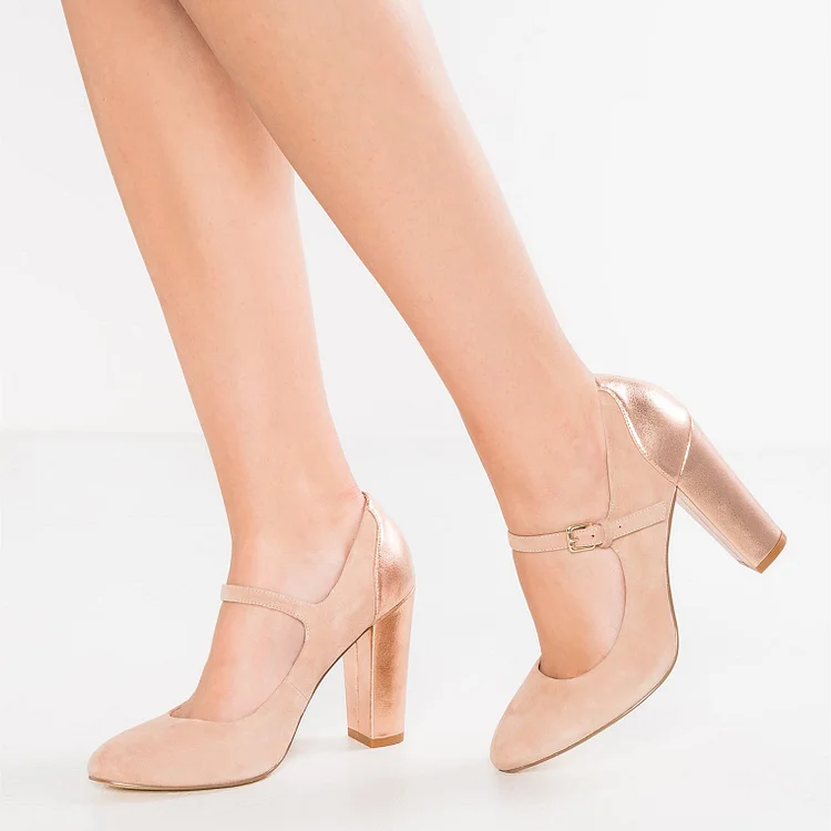 Nude Mary Jane Shoes Rose Gold Chunky Heels Round Toe Pumps |FSJ Shoes
