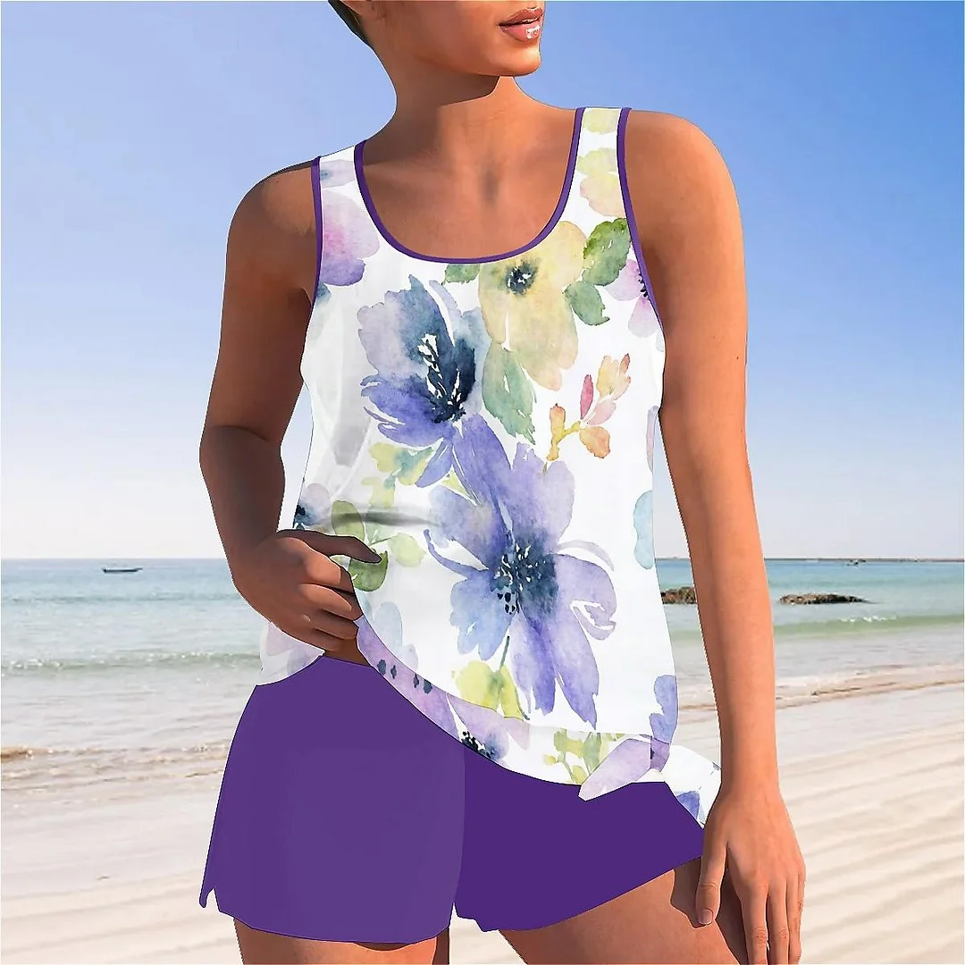 Bowknot Floral,Purple Mid Waisted Tankini Set - Plus Size Available