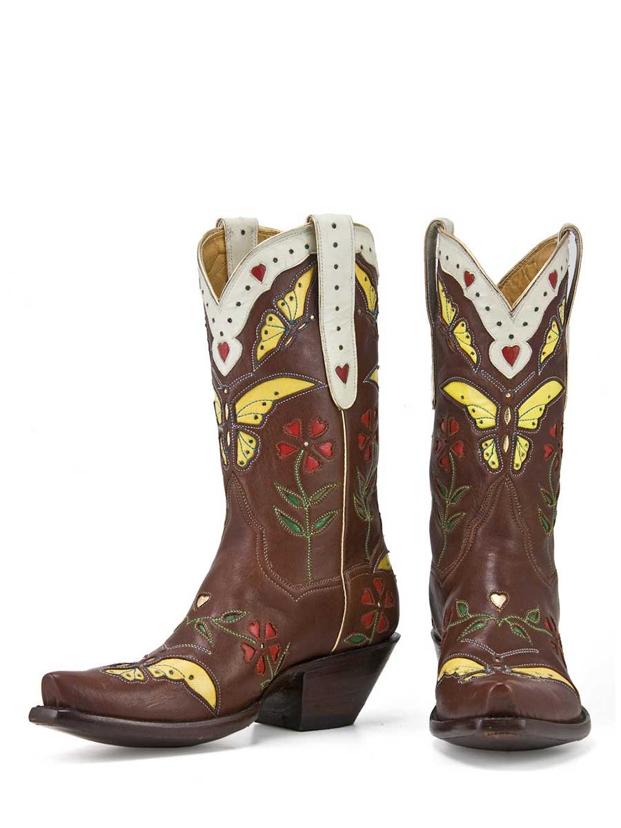 Brown Snip Toe Chunky Heel Floral Yellow Butterfly Inlay Cowgirl Boots