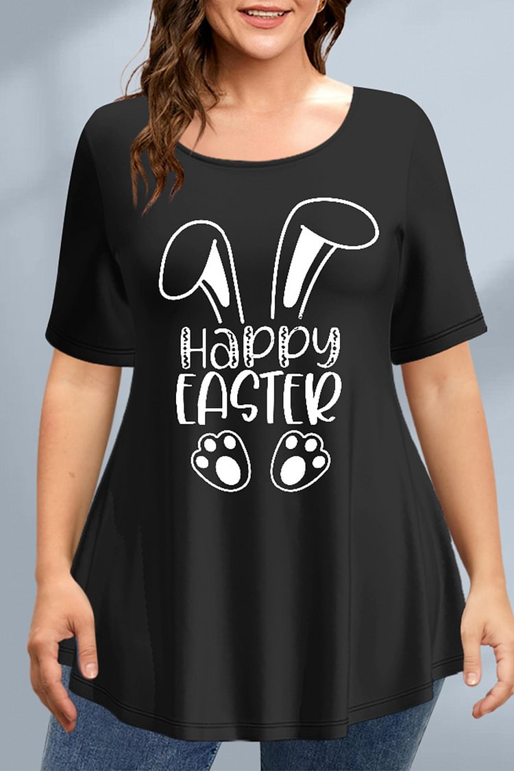 Flycurvy Plus Size Casual Black Rabbit Easter Egg Letter Print T-Shirt  Flycurvy [product_label]