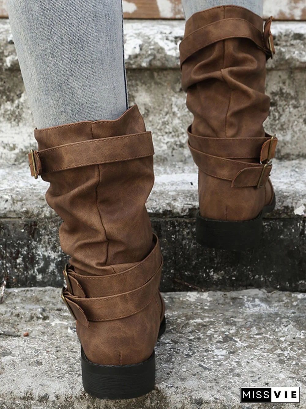 Ruched Buckle Casual Leather Booties