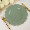 10 Pack | 9" Dusty Sage Hard Plastic Dinner Plates with Gold Ruffled Rim, Heavy Duty Disposable Dinnerware