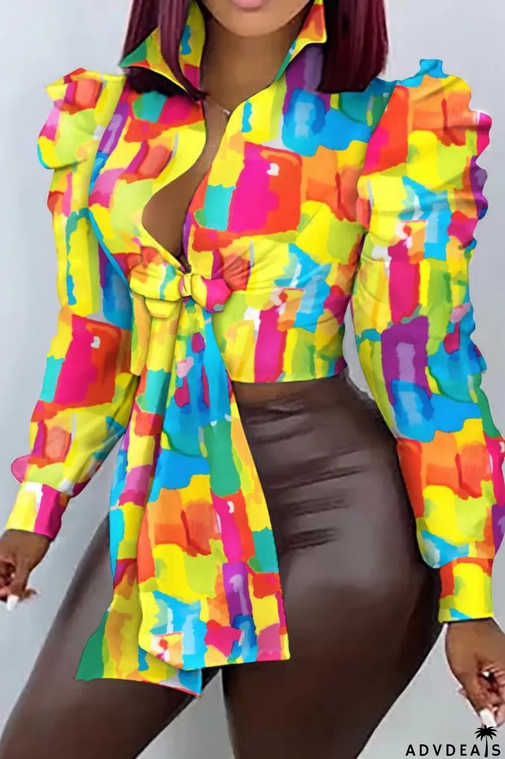 Yellow Casual Print Patchwork Shirt Collar Tops