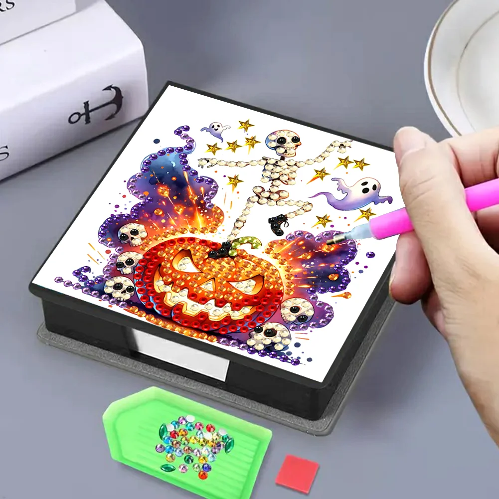 5D DIY PU Diamond Art Note Box with 160 Sheets Paper Memo Pad Holder (Skull)