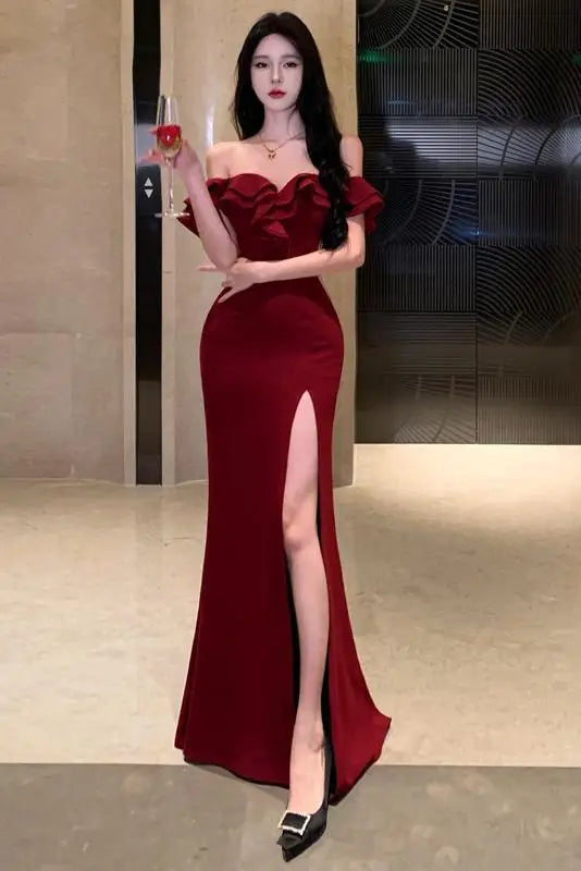 Aiertu DRESS TO IMPRESS Red Sexy Club Backless High Split Ruffles Wrapped Hip Dress Elegant Luxury Off Shoulder Party Evening Dresses Women Summer aiertu