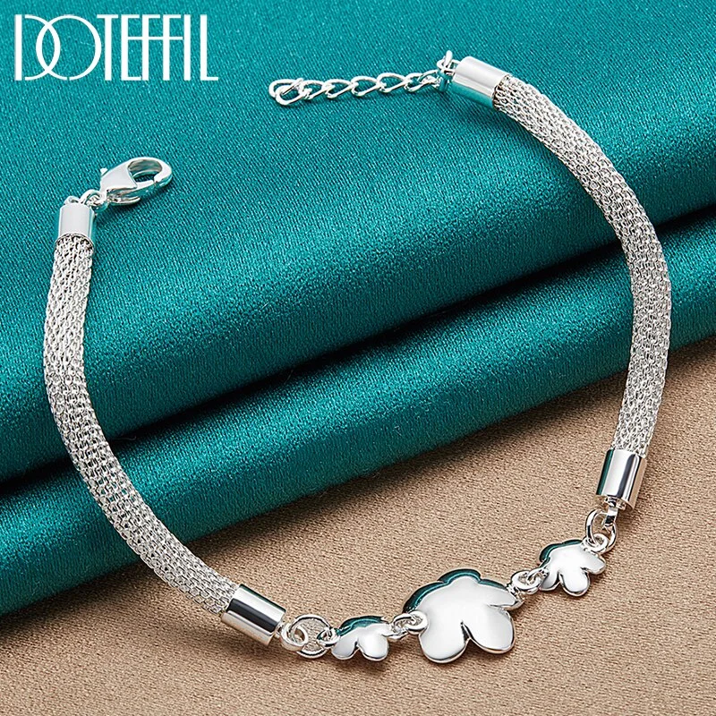 925 Sterling Silver Three Plum Rose Flower Chain Bracelet For Women Jewelry