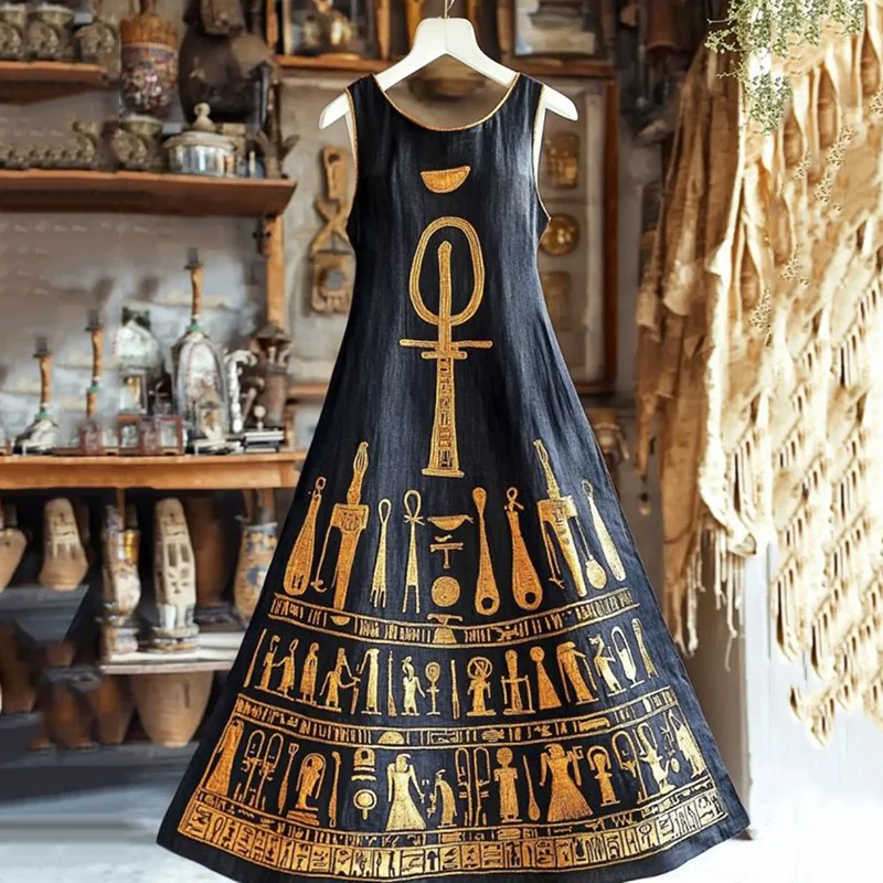 Vintage Ancient Egyptian Graphics Linen Sleeveless Maxi Dress