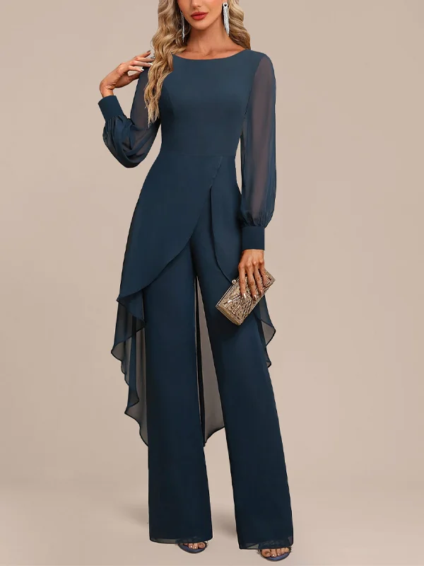 Round Neck Solid Color Long Sleeve Mesh Jumpsuit