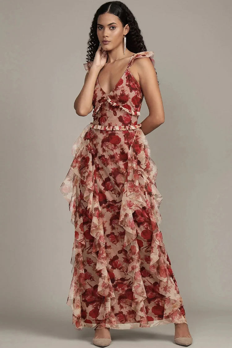 Wedding Guest Burgundy Mesh Floral Print Sleeveless Ruffle Maxi Dress
