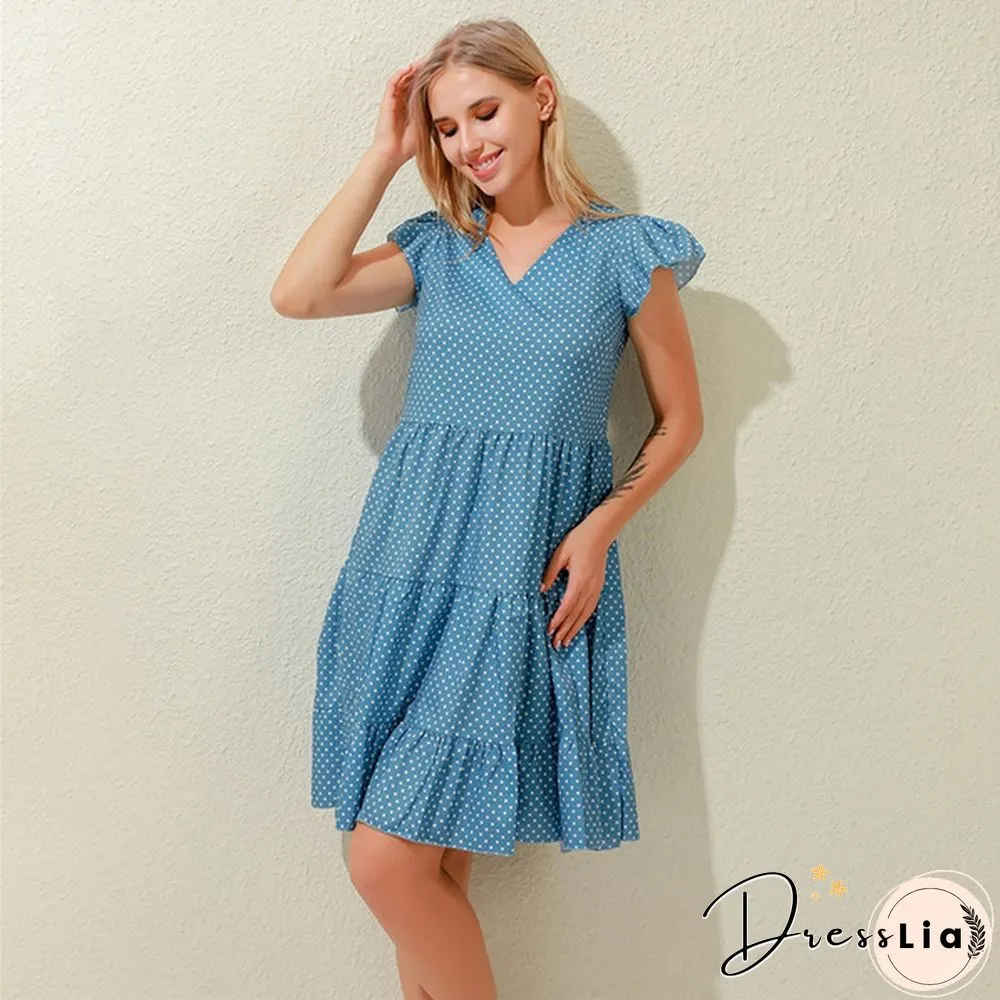 Summer Sundress Women Ruffles Sleeves V-Neck Dot Boho Vest Multi-Layer Connection Hem