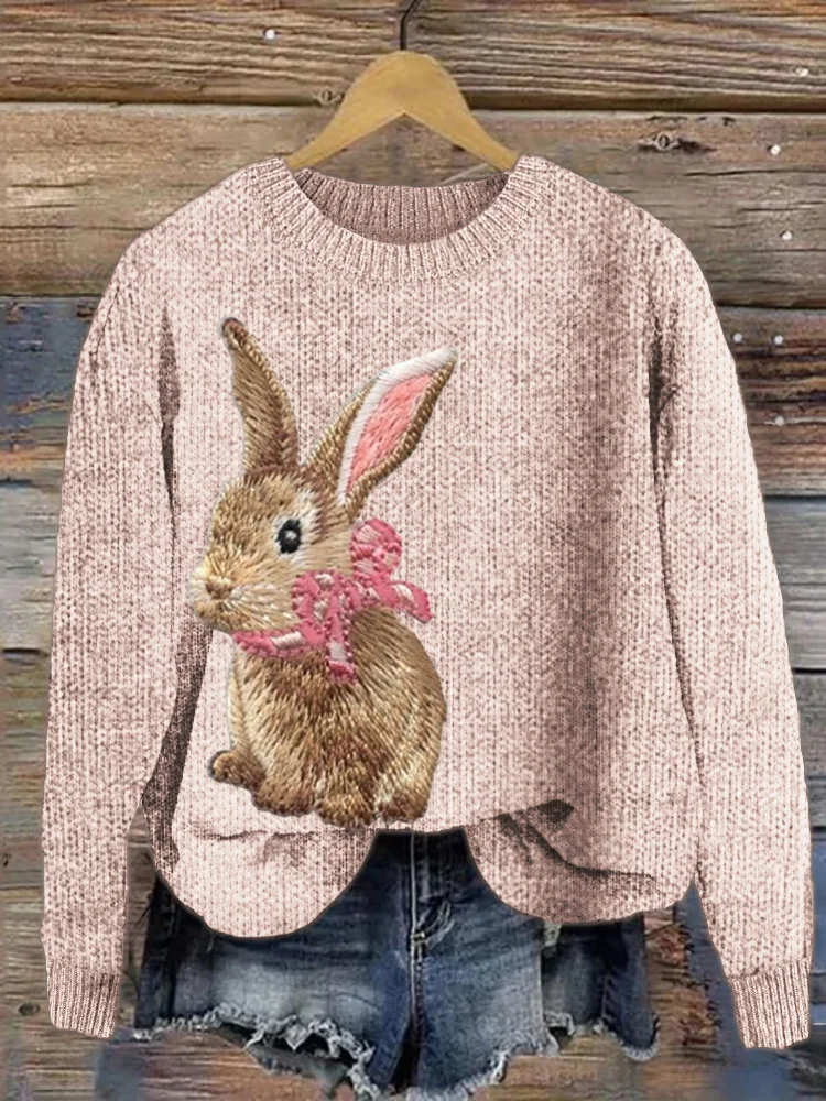 VChics Bow Tie Rabbit Pattern Cozy Knit Sweater