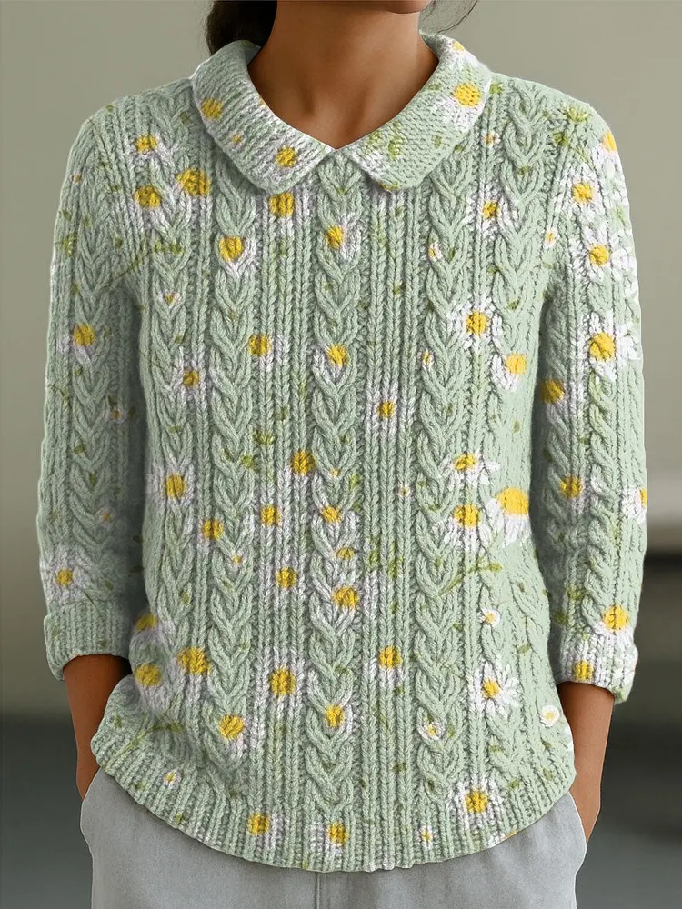 Women's Vintage Floral Flower Art Print Casual Peter Pan Collar 3/4 Sleeve Sweater