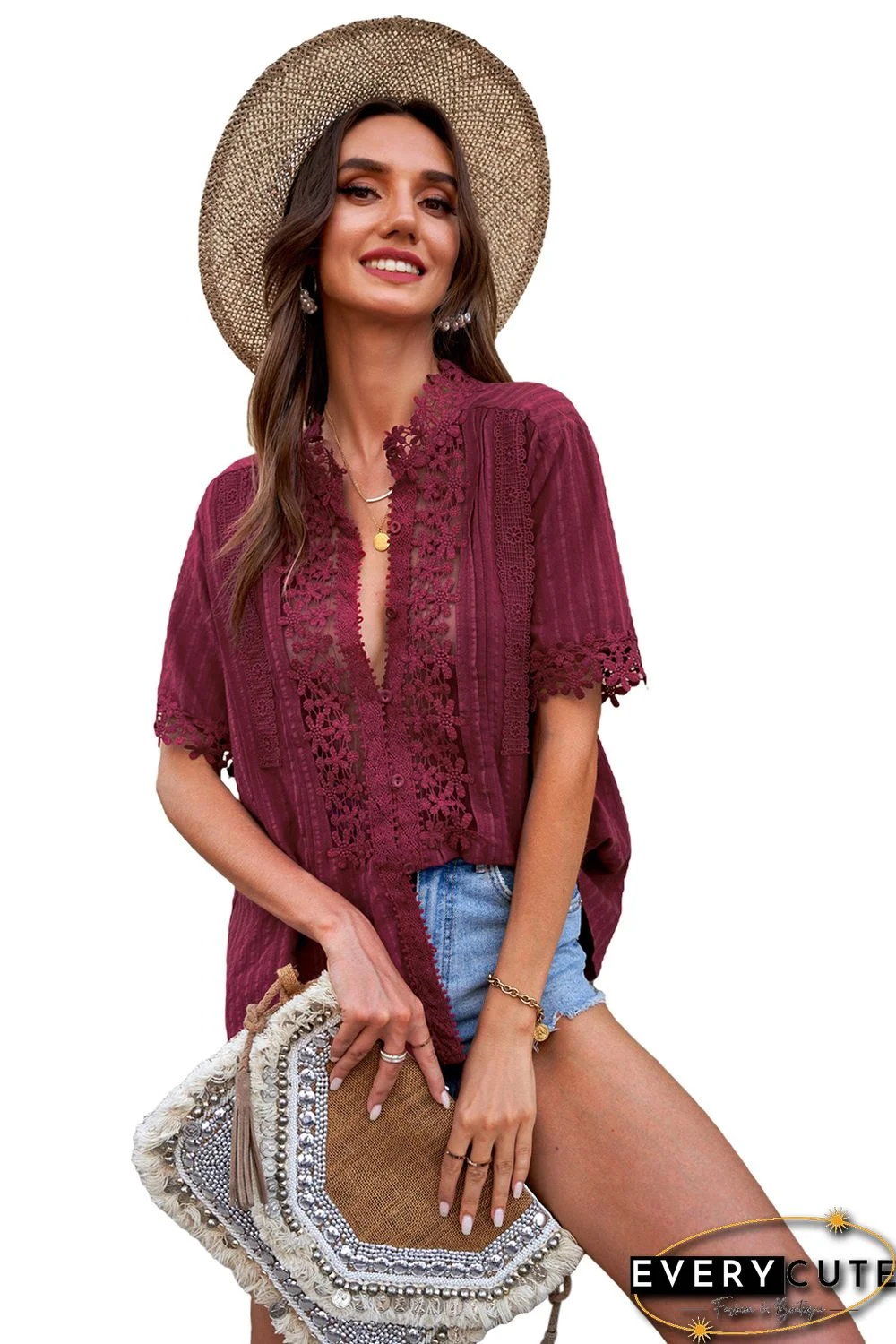 Wine Red Crochet Hollow-out Lace Splicing Short Sleeve Top