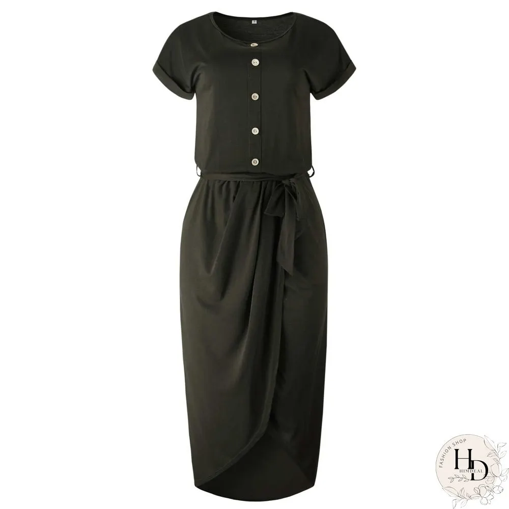Buttons Short Sleeve Tie Waist Midi Dress With Slit