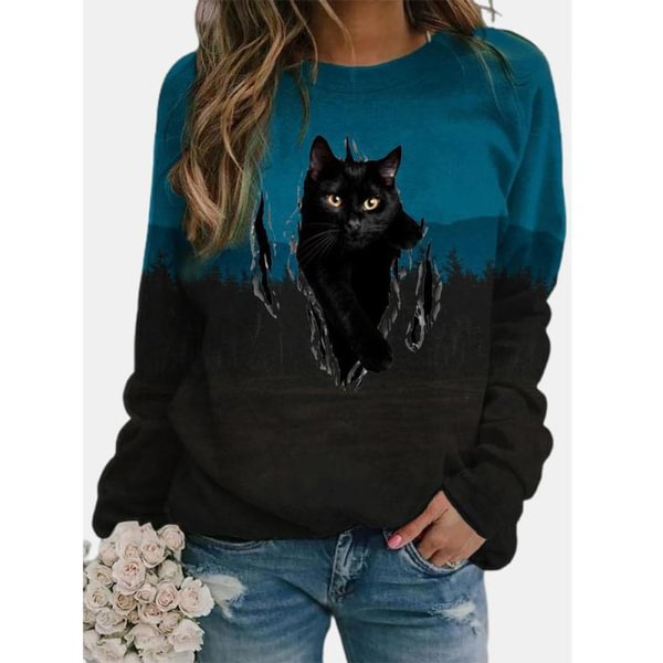 Women Tee Shirt Cat Graphic 3D Print Round Neck Basic Long-SleevesTops Regular Fit Plus Sizeuff1aXS-8XL - Shop Trendy Women's Clothing | LoverChic