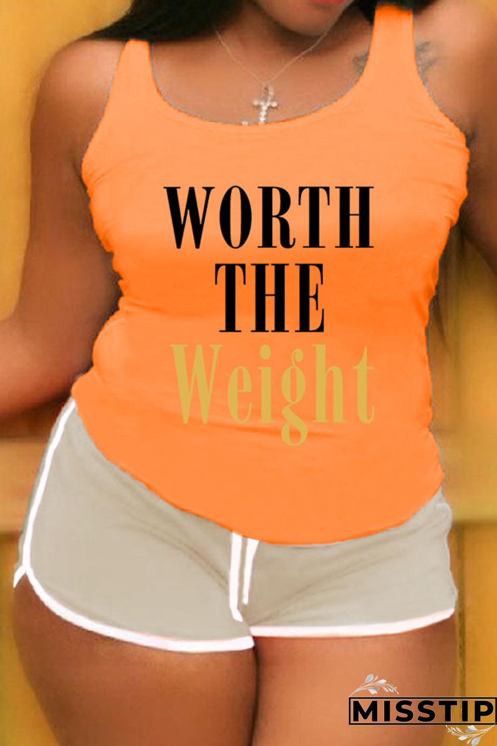 Khaki Casual Letter Patchwork U Neck Plus Size Two Pieces