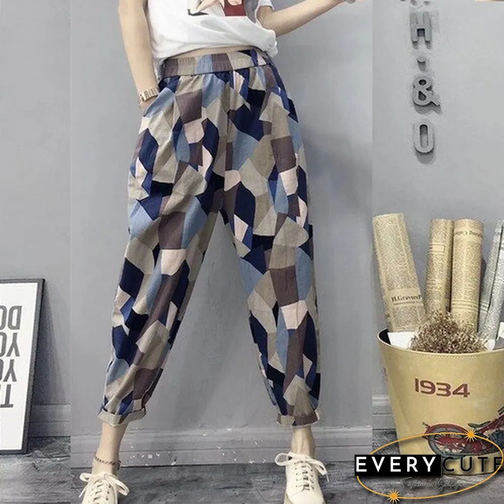 Pure Cotton Casual Red Peony Flower Vine Design Women's Elastic Waist Harem Pants